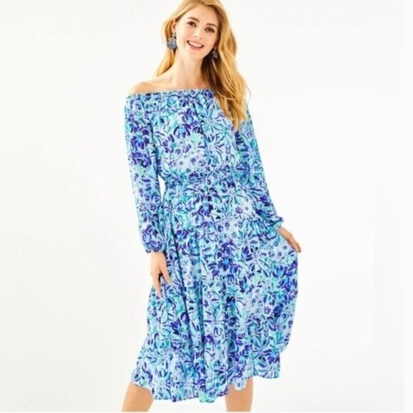 LILLY PULITZER Jennie Off The Shoulder Midi Dress Blue Iris Size M - Picture 7 of 7